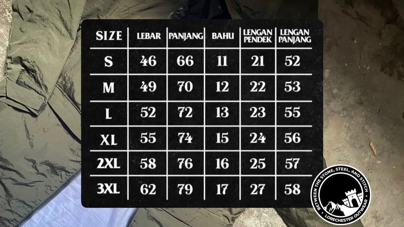 The Lorechester size chart card, showing the same measurements
